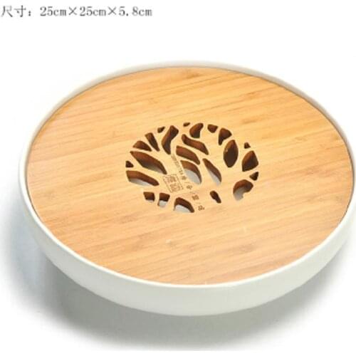 Ceramic bamboo tea tray drainage water storage Kung Fu tea tea household size round bamboo tea tray tray
