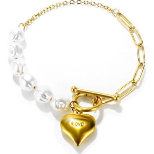 Summer Jewelry White Bead Bracelet Women Girls Simple Stainless Steel Love Heart Charms Bracelet Friends Gifts.mother gifts.wife