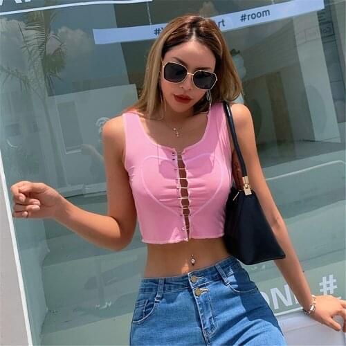 Summer Women Pink Solid Color Crop Tops High Waist Sleeveless Front Heart Pattern Safety Pin Connect Hollowed Tanks 2021
