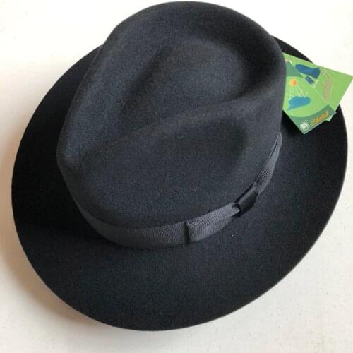 LIHUA Brand Mens Wool Felt Water Repellent Outback Fedora , Costume Accessory Gangster Black Pinched Hat with Grosgrain