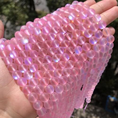 Frosted Matte Pink Flash Crystal MoonStone Glitter Round Loose Beads 15" 6 8 10 12MM For Jewelry Making Diy Bracelet Necklace