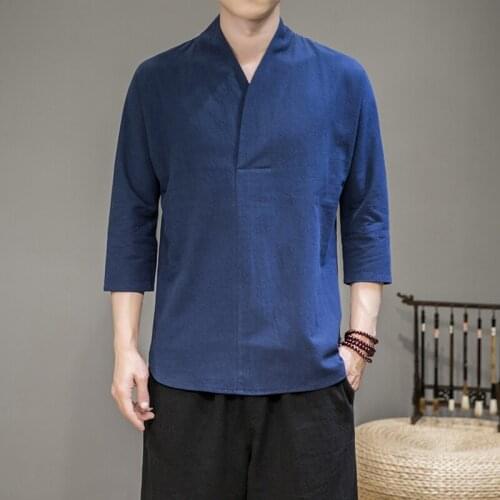 Summer Chinese Style Hanfu Men Short Sleeve Cotton T-Shirt Kung Fu Tai Chi Tee Tops Zen Tea Art Qipao Shirt Casual Blouse 30372