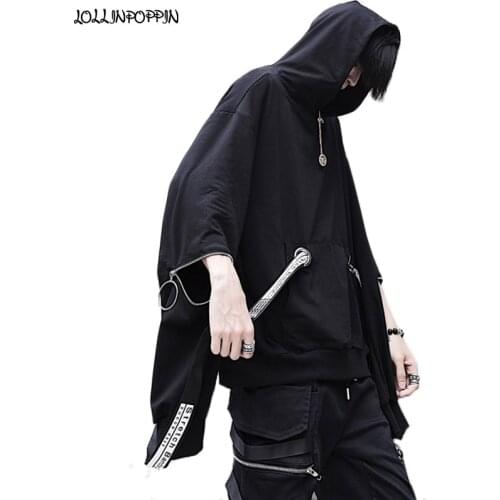 Men Punk Hip Hop Black Hoodies Zippered Sleeves Mens Hooded Sweatshirts With Letters Printed Ribbons Darkness Oversize Hoodie