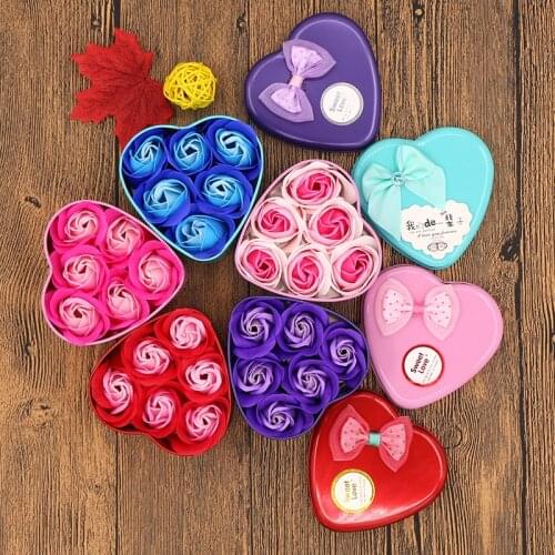 6Pcs Heart Scented Bath Body Petal Rose Flower Soap Wedding Decoration Gift Best Scented Rose Soap Metal Iron Heart Soap Box