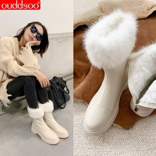 ODS New Black White Ankle Boots For Women Round Toe Genuine Leather Boots Concise Fashion Boots Platform Shoes Large Size 43