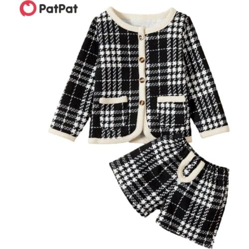 PatPat 2020 New Spring and Autumn 2-piece Elegant Houndstooth Long-sleeve Top and Shorts Set