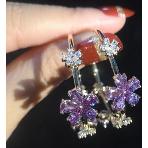S925 Silver Ear Post Charm Flower Hoop Earrings Red Purple Zircon CZ Circle Earrings for Women Wedding Jewelry