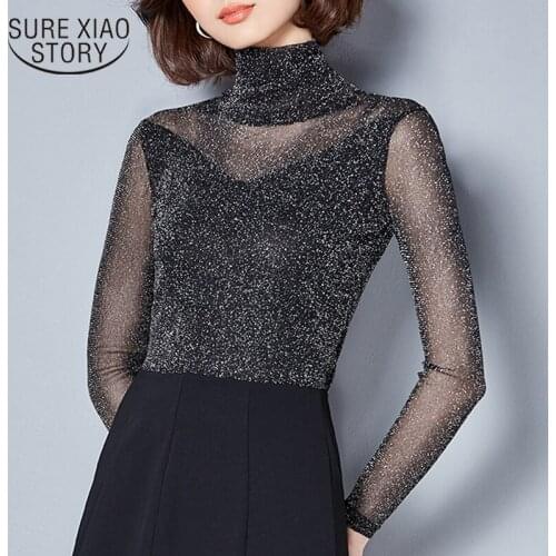 Spring New Arrival Womens Blouse Solid Color Long Sleeve Turtleneck Blouse Sexy Lace Shiny Silk Slim Bottoming Tops Blusas 562C