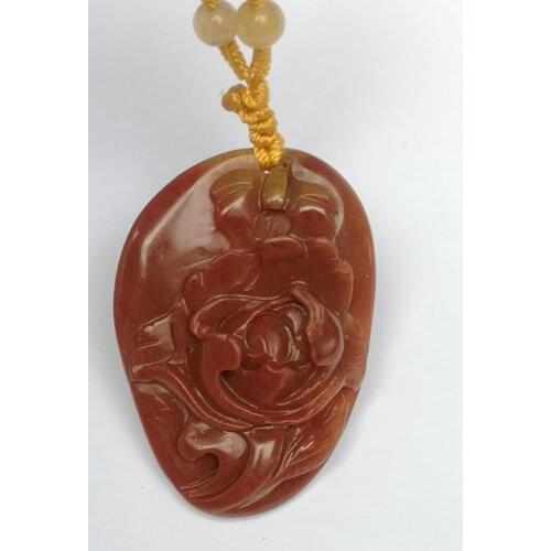 YIZHU CULTUER ART 100% Natural Hand-carved Chinese Jade Necklace Pendant Auspicious Peony Trinket Gift