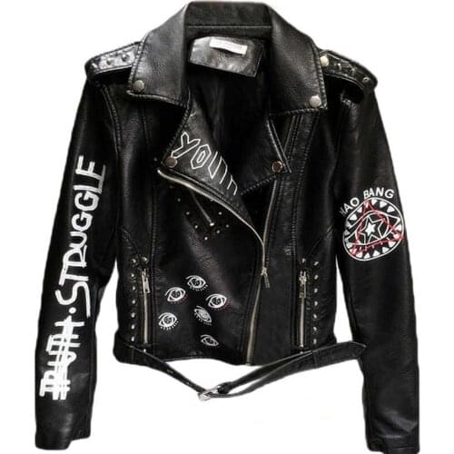 2021 PU Leather Jacket Women Fashion Graffiti Print Soft Faux Leather Coats Ladies Motorcycle Biker Punk Zipper Jackets Female