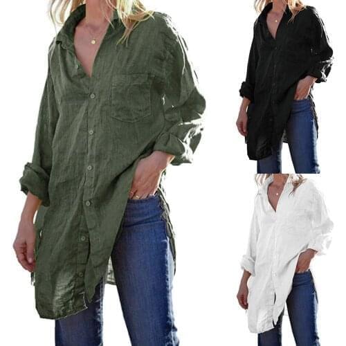 Womens Button Down Tunic Shirts Cotton Linen Long Sleeve Work Blouse Loose Shirts Female Lapel Work Blusa Plus Size Tunic Blouse