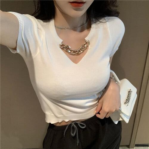 Woman TShirts V-neck Short-Sleeved T-shirt Womens Summer Metal Chain Tight High Waist Clothes Crop Top Mujer Camisetas