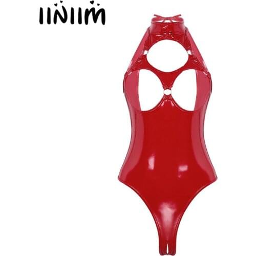 Women Porno Latex Catsuit Wetlook Leather Leotard Body Suit Sexy Shop Femme Open Cup Lingerie Crotchless Teddy Babydoll Bodysuit