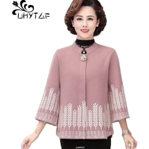 UHYTGF Elegant Mother Spring Autumn Sweater Jacket Single-Breasted Knitted Cardigan For Women Wild Casual Short Coat Genuine1535