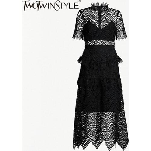 TWOTWINSTYLE Hollow Out Dresses Women Stand Collar Short Sleeve High Waist Perspective Dress Female 2019 Spring Elegant Fashion