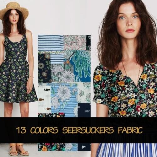 13 Colors:Animal/Floral/Cat printed pure cotton seersucker fabric,striped,sewing for shirt,blouse,dress,skirt,craft by the yard