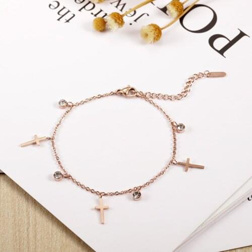 Rose Gold Color Cross Round Crystal Charming Stainless Steel Bracelets Bangles High Quality No Fade pulseras mujer
