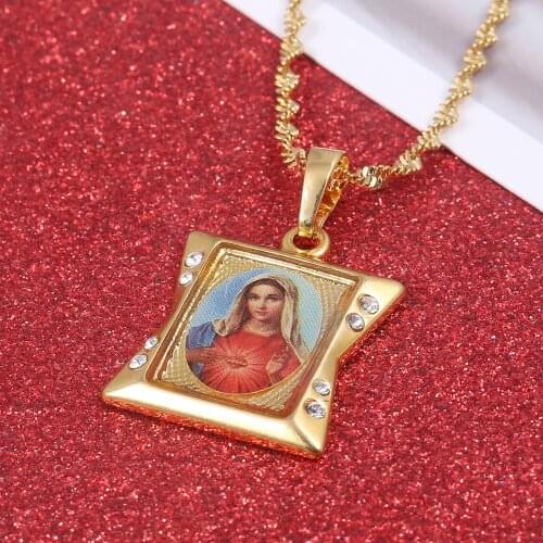 Lucky Enamel Blessed Virgin Mary Pendant Necklaces Chain Women Girls Christianity Jewelry