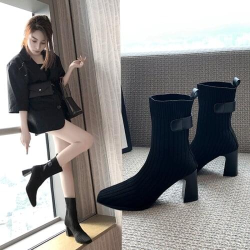 Black Fabric Socks Boots Womens Shoes Elastic Boots Stretch Knit 8 Cm Square Heel Sexy Womens Shoes Zapatos De Mujer