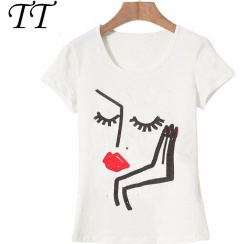 Hopuptee New summer fashion womens T-shirt White Abstract Face Print short sleeve girl tops hipster lady Tees