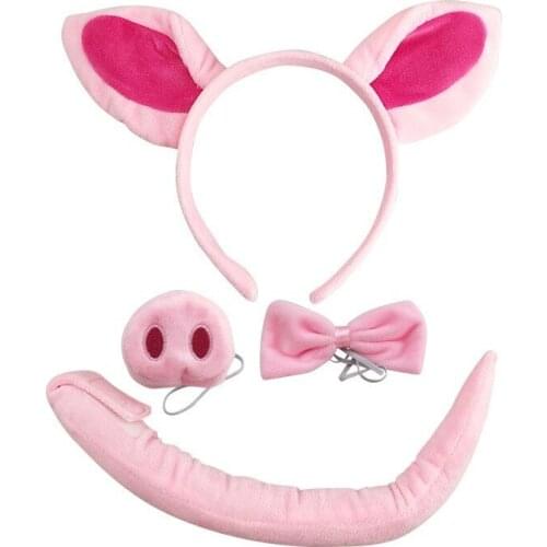 10 Pcs Cute Pink Cartoon Pig Ears Nose Tail Bow Tie Fancy Accessories Halloween Party Costume Dress Up Game Set Child Adult