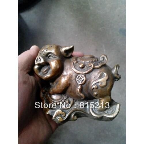 Bi00551 China Chinese Folk Purple Bronze Fengshui Zodiac Year Tang Pig FU Statue
