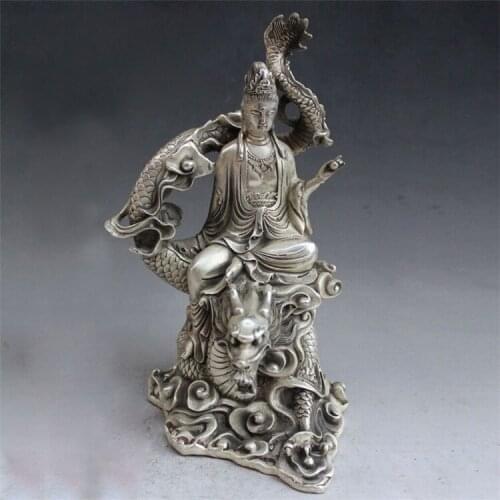 Collection Silver Sculpture Guanyin Bodhisattva Riding on Dragon King Statues, Free of Freight