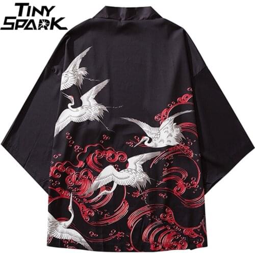 Japanese Kimono Jackets Crane Lucky Red Cloud Print 2021 Mens Harajuku Streetwear Jacket Coat Hip Hop Thin Gown Japan Style New
