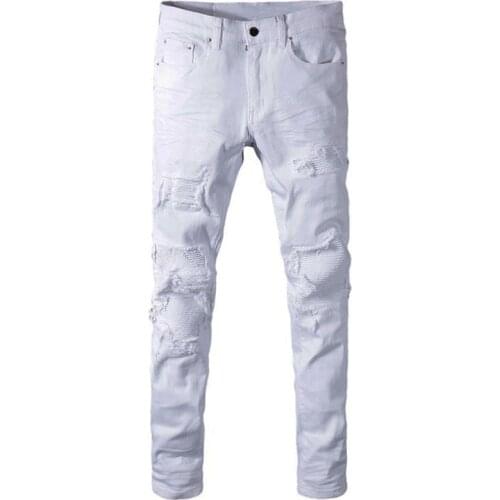 American Street Style Fashion Men Jeans White Color Elastic Slim Fit Ripped Jeans Men Patch Designer Hip Hop Denim Punk Pants