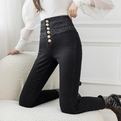 Fashion Women Lace Patchwork High Waist Denim Pencil Pants Black Slim Fit Buttons Jeans Casual Streetwear Slim Fit Long Trousers