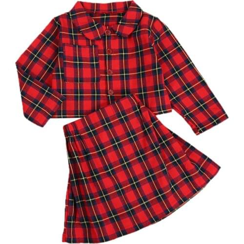 New Autumn Christmas Kids Girls Xmas Clothes Sets Plaid Print Long Sleeve Single Breasted Jacket Tops+A-Line Skirts 3-7Y