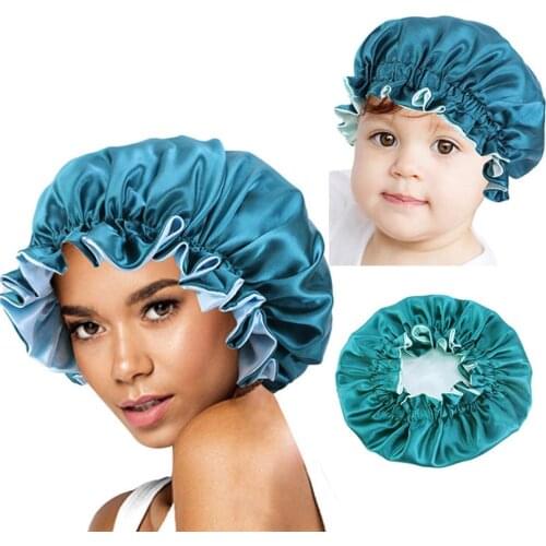 Parent-kids Night Sleep Cap Satin Elastic Bonnet Hat Double Layer Day Night Sleep Cap For Hair Care Head Cover Adjust Hair Hat
