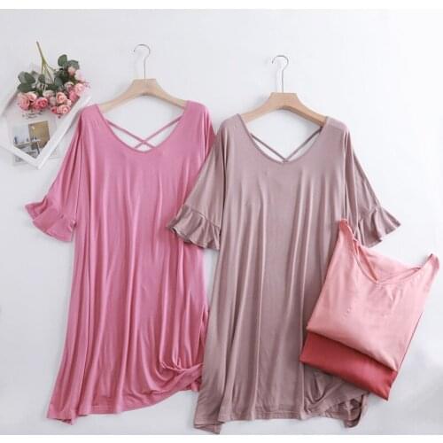 Sexy Backless Loose Nightgowns For Women New Sweet Flared Sleeves Summer Dress Modal V Neck Sleep Nightshirt Lady Sleepshirt