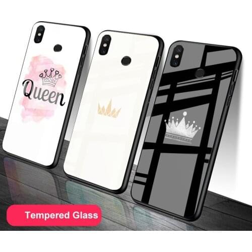 Cartoon Crown King and Queen Tempered Glass Phone Case For Redmi Note 5 6 7 8 9 Pro Note8T Note9S Redmi8 9 Cover Shell