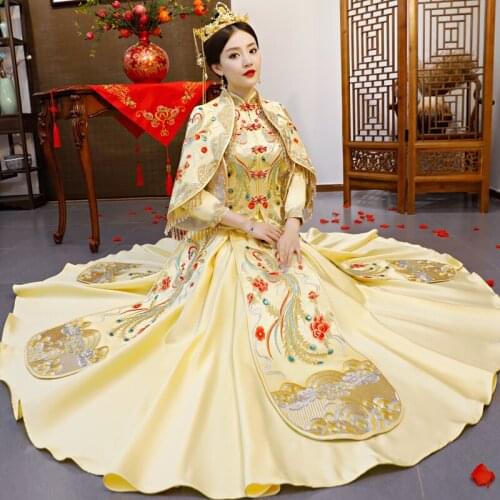 Vintage Chinese style formal dress royal phoenix wedding cheongsam costume red bride traditional Tang suit Embroidery Qipao New