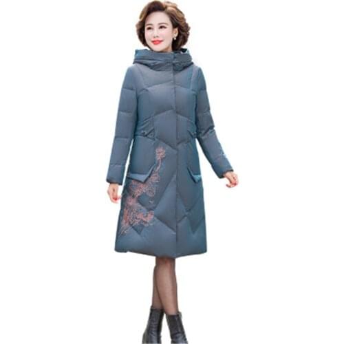 Plus Size Womens Down Coats 2020 New Winter White Duck Down Parkas Embroidery Lady Trendy Overcoat Hooded Female Long Outerwear