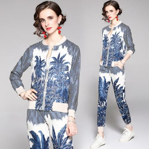 Spring Summer Fall Runway 2 Piece Womens Sets Vintage Floral Letters Print Collar Long Sleeve Top Jacket Coat Pant Suits Outfits