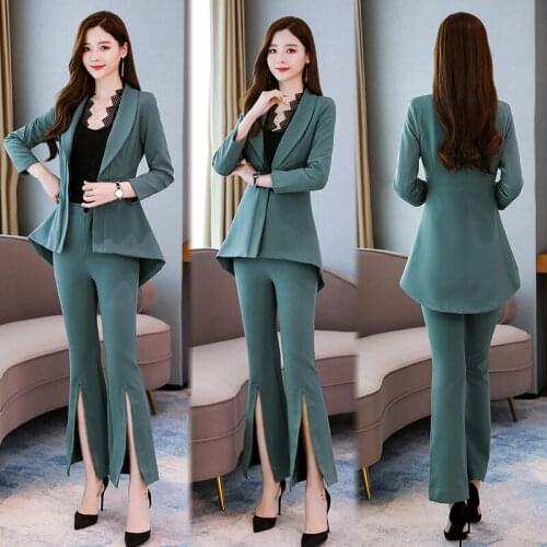 2021 Spring Autumn office lady Pant Suit 2 two Pieces Set Women solid lace long sleeve coat blouse tops and split pants trousers