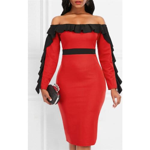 Women Dress Bodycon Off Shoulder Patchwork Black Ruffles Sexy Party High Waist Vestidos African Large Size Female Fashion Robes