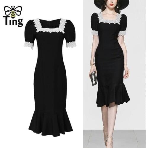 Tingfly Vintage Elegant Runway Fashion Lace Patchwork Black Party Dinner Dresses Summer Mermaid Knee Length Casual Elbise Robe