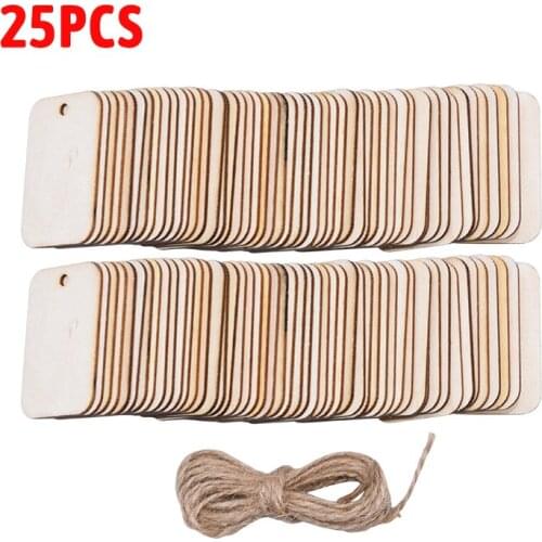 25pcs Rectangular Unfinished Wooden Gift Tag With Rope Wedding Party DIY Crafts Nature Wood Slice Hanging Label