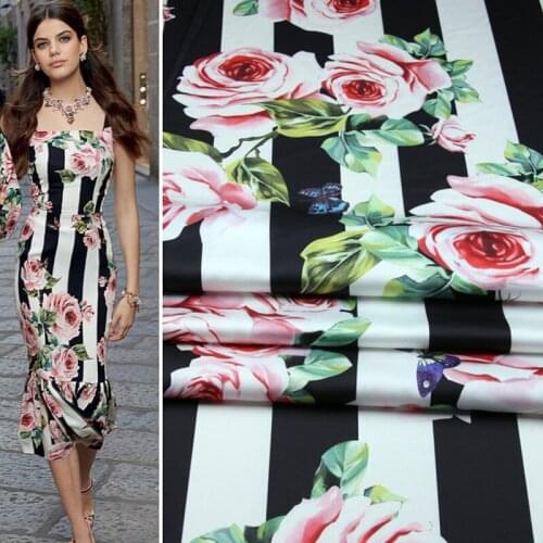 145cm Width Fashion Stripe Rose Flowers Butterfly Print Imitated Silk Satin Fabric For Woman Dress Blouse Pants DIY Cloth Sewing