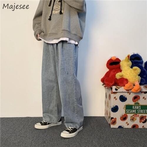 Denim Jeans Men Full Length Button Fly Vintage Spring Autumn Mens Long Trousers Wide Leg Korean Style Simple Harajuku Streetwear
