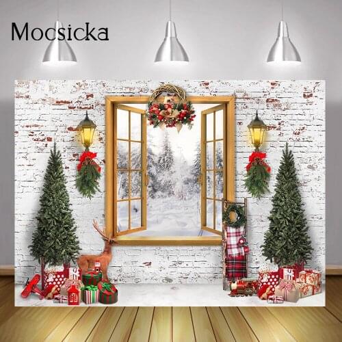 Window Snow Forest Backdrop Winter Brick Wall Christmas Tree Background Gift Toys Wreath Lamp Family Party Video Decoration Prop