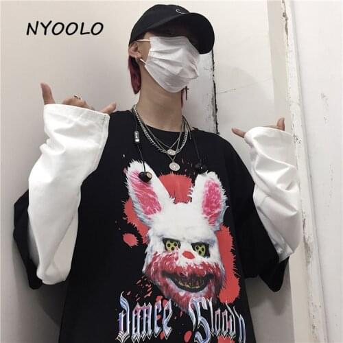 NYOOLO Novelty design rabbit letters print patchwork tee shirt Autumn streetwear long sleeve T-shirt women men clothing tops