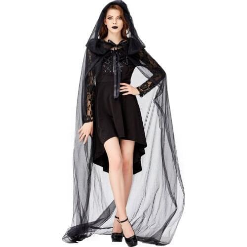 Gothic Black Vampire High-low Dress and Mesh Long Cloak Adult Ghost Halloween Costume