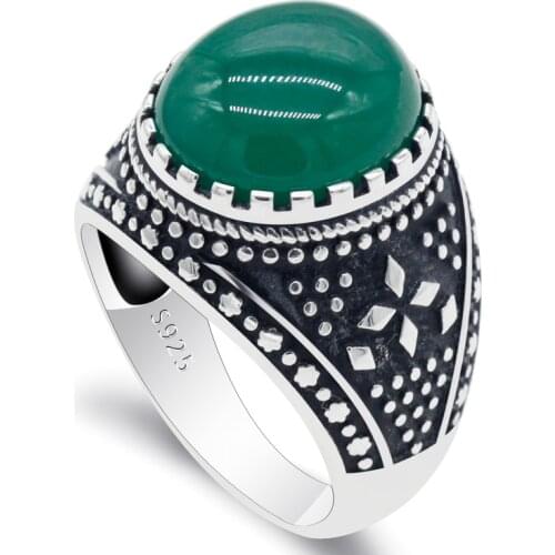 Original 925 Sterling Silver Rings Men with Natural Green Agate Stone Thai Silver Male Ring Turkish Handmade Fine Jewelry Gift