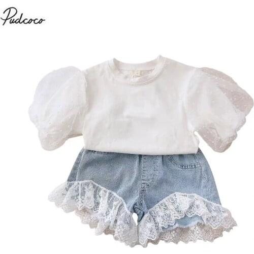 2020 Princess Little Girls Outfits 2pcs 2-7Y Kids Fashion Summer Puff Sleeve Top Blouse+ Lace Patchwork Denim Shorts Set Clothes