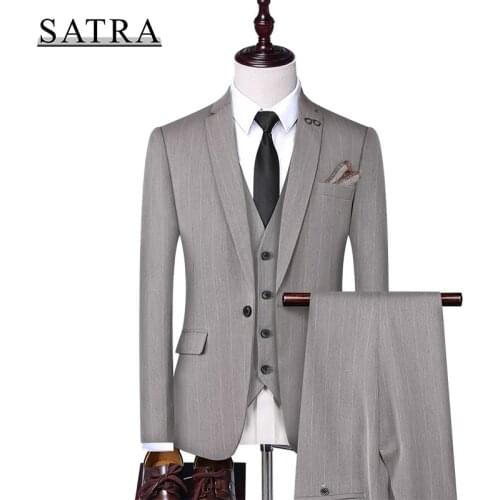 SATRA 2021 New Arrival High Quality Three-piece Male Business Casual Solid Line Suit , Mens Fashion Boutique Slim Suit