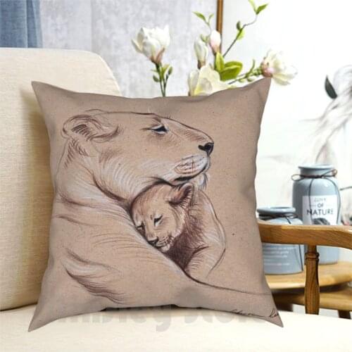 " A MotherS Pride " Lioness And Cub Original Pencil Drawing. Pillow Case Printed Home Soft Throw Pillow Peace Animals